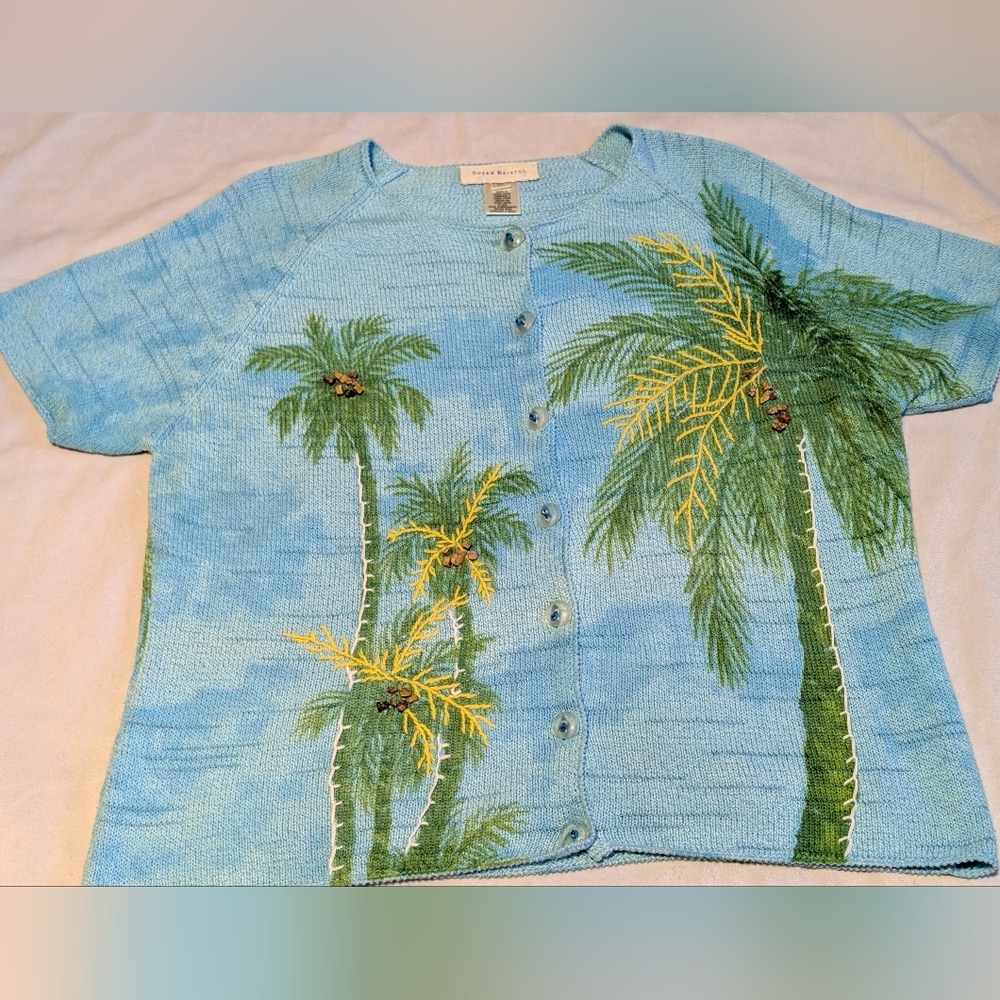 Susan Bristol Novelty Beach Button Sweater Palm Tree Embroidery Sz XL Resortwear